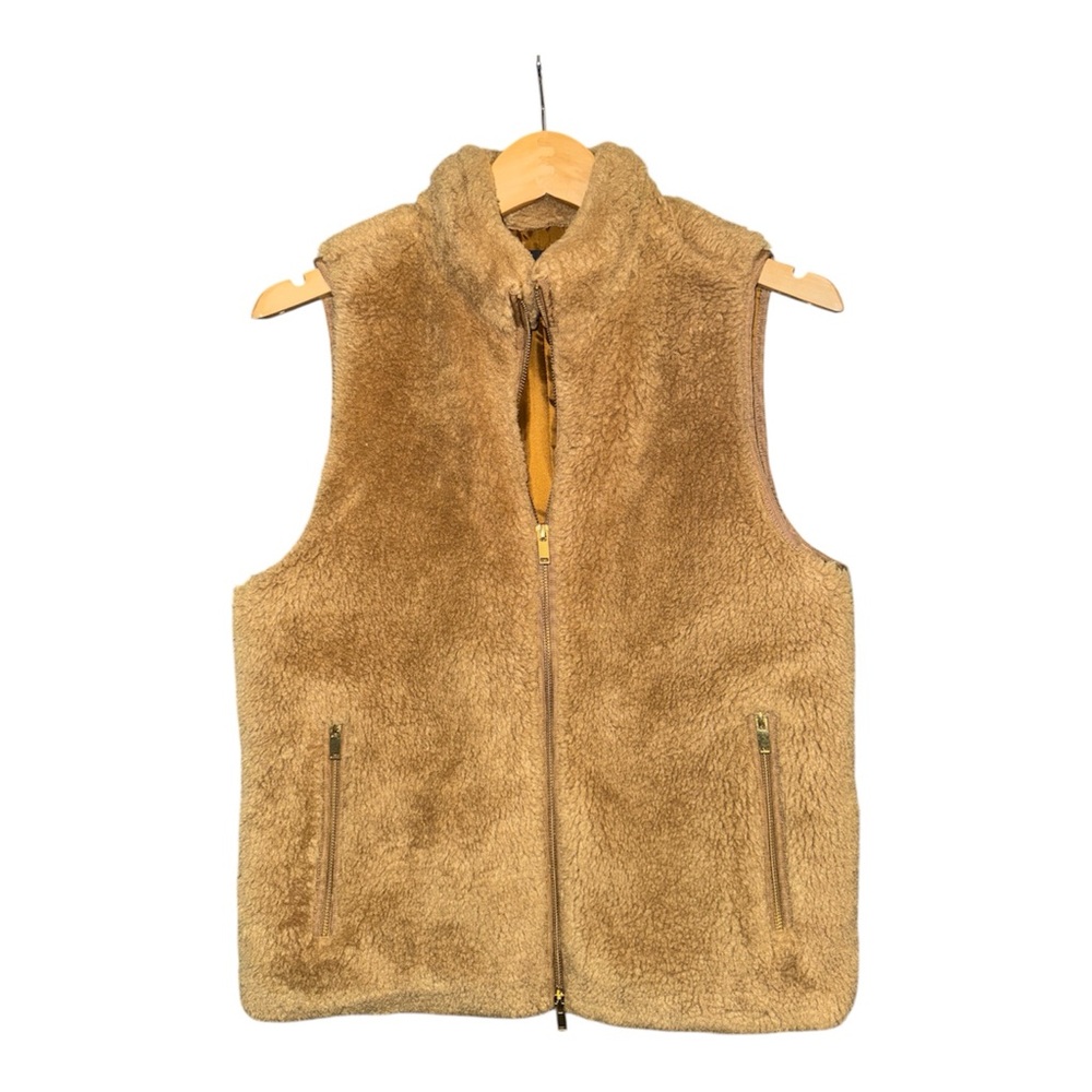 J Crew Camel Faux Fur Zip Front Vest Size Medium Cozy Layering Statement Piece